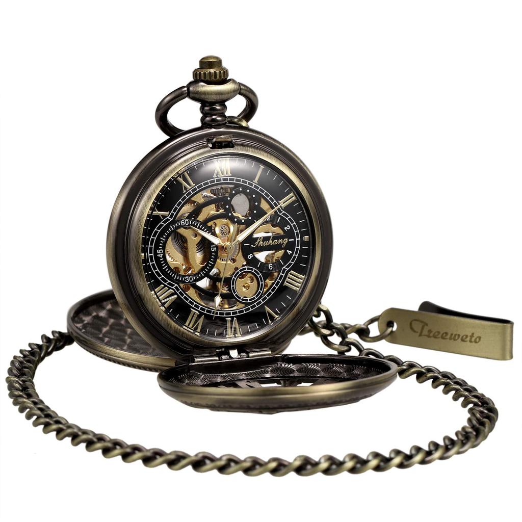 TREEWETO Skeleton Manual Winding Mechanical Double Case Roman Numerals Antique with Fob Chain Box Bronze
