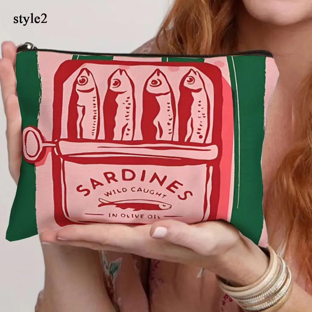 Vintage Sardinen Muster Kosmetiktasche mit Reißverschluss Leichter Reise-Kosmetik-Organizer für Frauen Langlebige Aufbewahrungstasche Münztasche