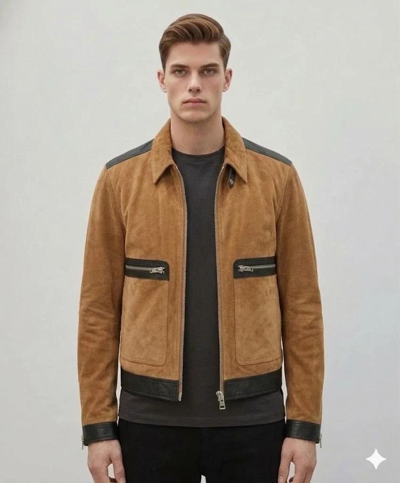 Men's Stylish Tan Biker Handmade Suede Lambskin Leather Jacket Genuine Soft Fit