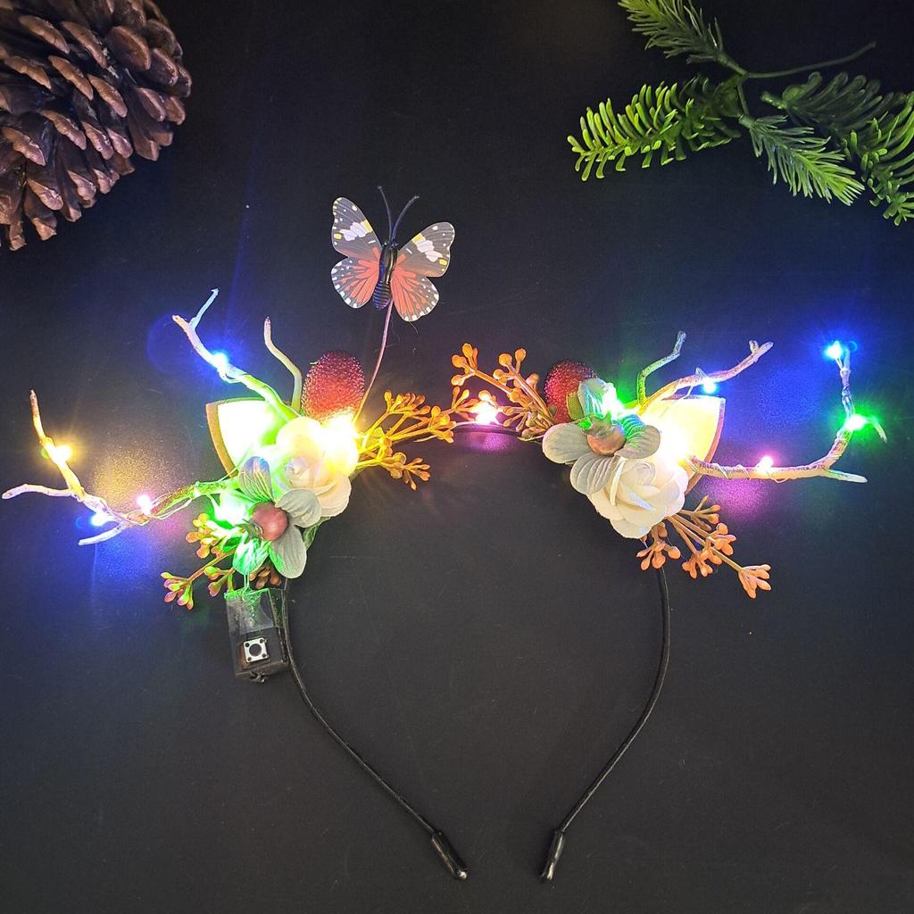 Luminous Reindeer Berry Antler Headband with Cat Ears - Christmas Accessory