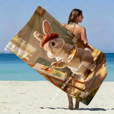 Painter Bunny Beach Towel Patterned Sunscreen And Windproof Suitable For Swimming Pool Camping Travel