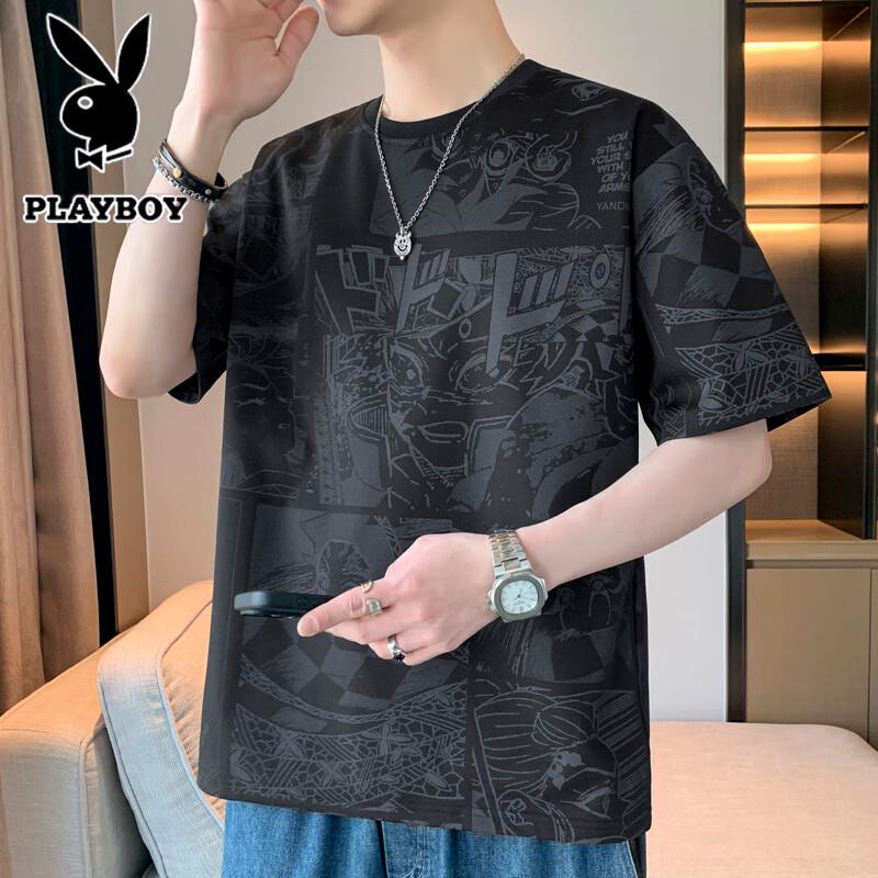 PLAYBOY Men's Summer Trendy Anime Print Loose Casual Short Sleeve T-Shirt
