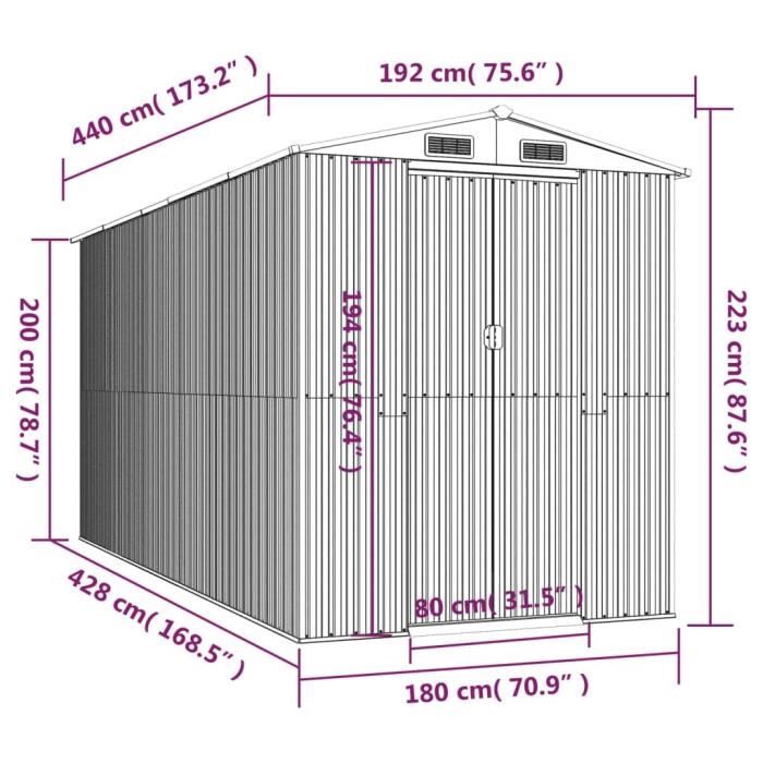 3147452 vidaXL Abri de jardin Anthracite 192x440x223 cm Acier galvanisé