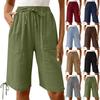 Women's Fashionable Color Elastic Waist Pocket Casual Loose Cotton And Linen Five Quarter Shorts