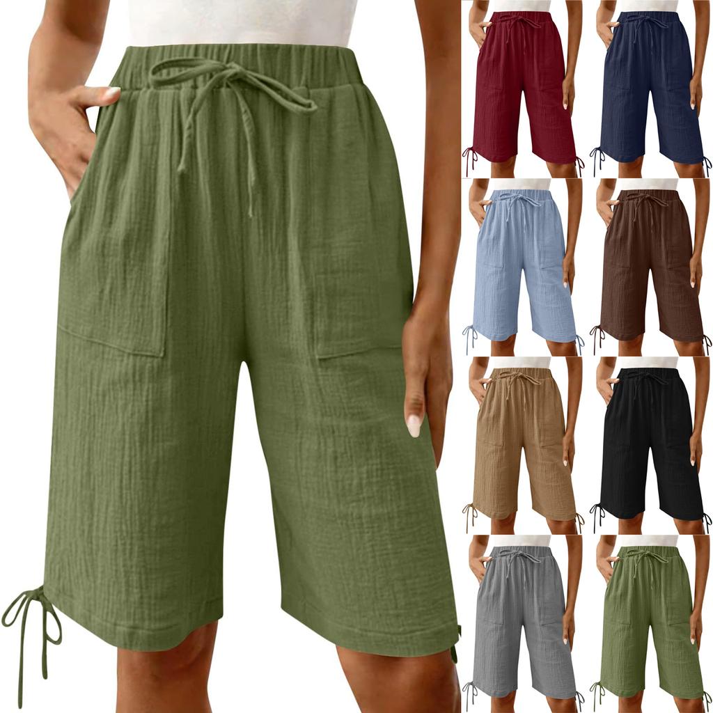 Women's Fashionable Color Elastic Waist Pocket Casual Loose Cotton And Linen Five Quarter Shorts