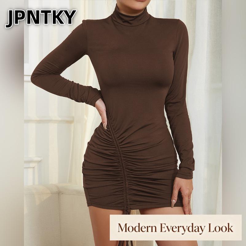 JPNTKY Women's Fashion Summer Spring Solid Color Print O-Neck Long Sleeve Casual Dresses