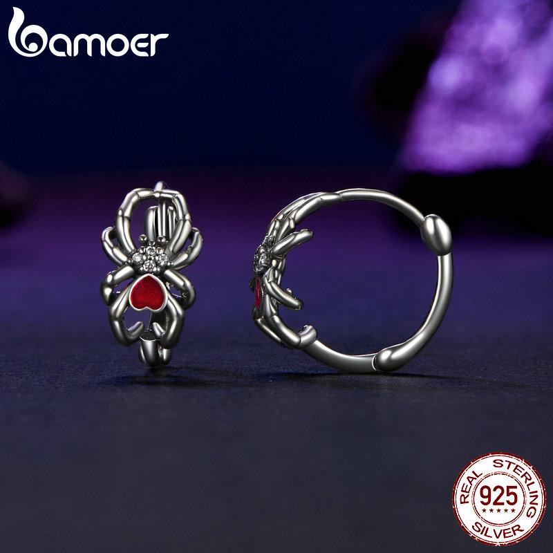 Bamoer Solid 925 Sterling Silver Halloween Spider Earrings for Women Hypoallergenic Hoop Earrings Birthday Jewelry Gift