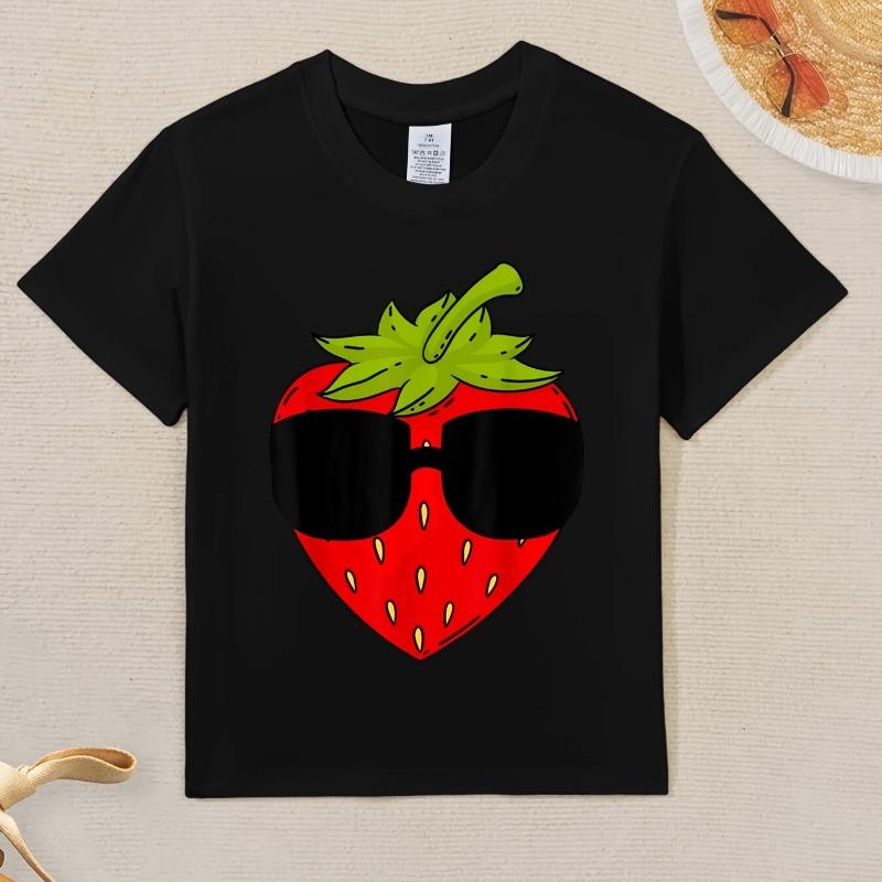 Children Crew Neck Short Sleeve T-Shirt with Artistic Strawberry Print