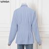 VONDA Womens Casual Lapel Long Sleeve Ruffled Striped Texture Slim Waist Rumple Blouse Shirts Nonelastic
