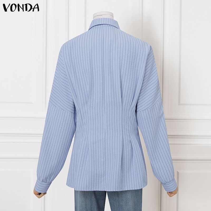 VONDA Womens Casual Lapel Long Sleeve Ruffled Striped Texture Slim Waist Rumple Blouse Shirts Nonelastic
