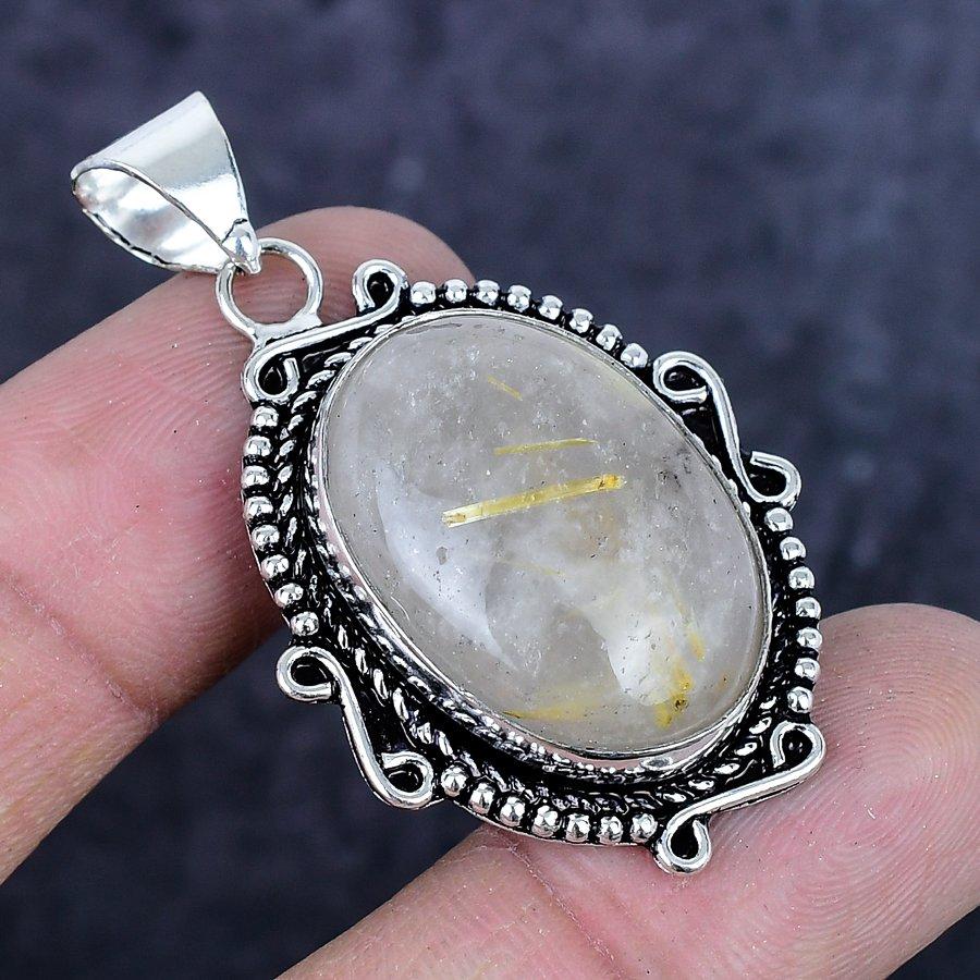 Natural Golden Rutile Gemstone 925 Sterling Silver Jewelry Pendant 1.97" ETC-14284