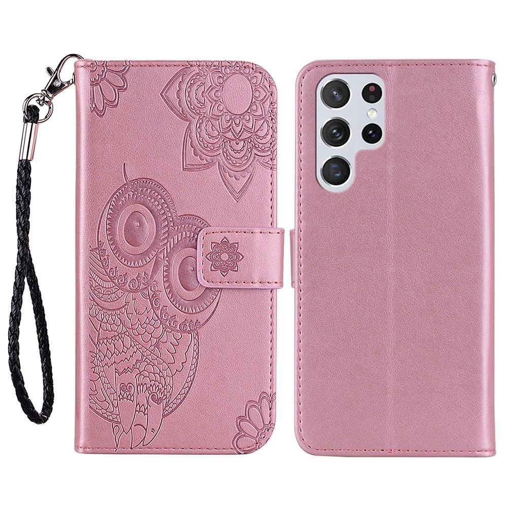 For Samsung Galaxy S25 Ultra Case Owl Flower Imprinted Leather Cover Wallet with Strap