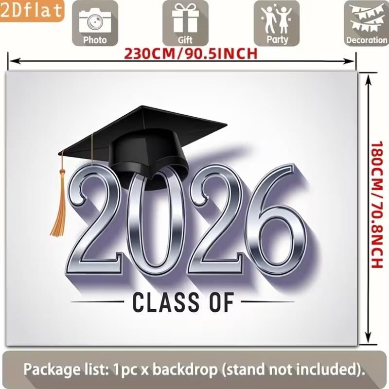 2D Class of 2026 Graduation Photography Backdrop Silver Metallic Number & Cap Party Background
