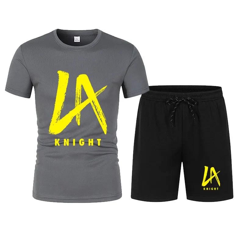 

Men s Black LA Knight YEAH! T-Shirt Shorts Set Summer Short Sleeve Men Overiszed Suits New Causal Clothing Sets XXXXL