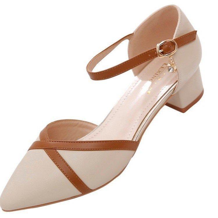 Baotou sandals women's new spring and summer 2025 one-word buckle thick heel medium heel versatile pointed work shoes single shoes women