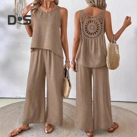 Zweiteiliges Lounge-Set für Damen, ärmellos, mit hohlem Rücken, Oberteil und weitem Bein, Hosen-Set, lässige Urlaubs- und Reise-Outfits