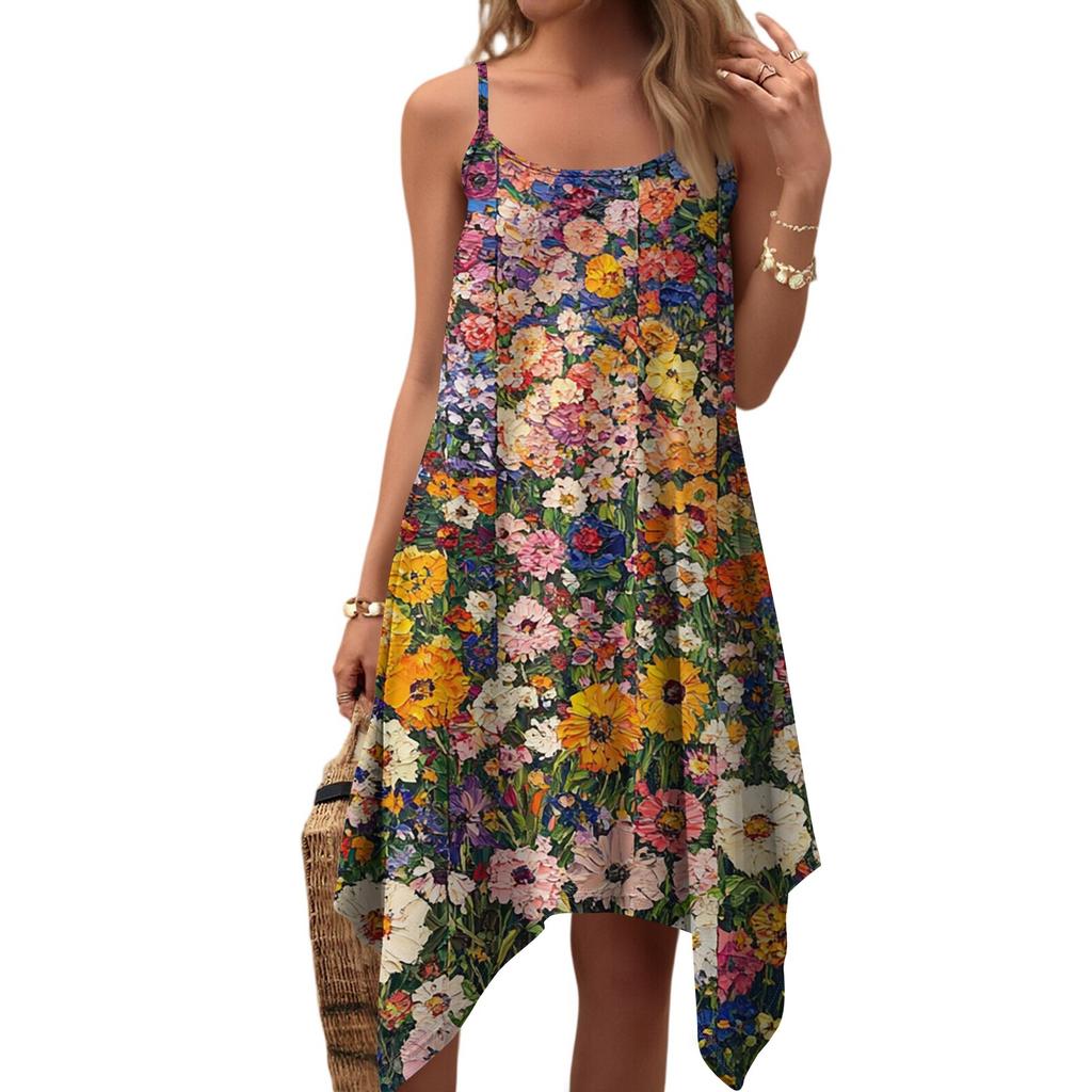 Dam sommar vardaglig vintage blommig tryck rund hals justerbar hängselklänning med fickor