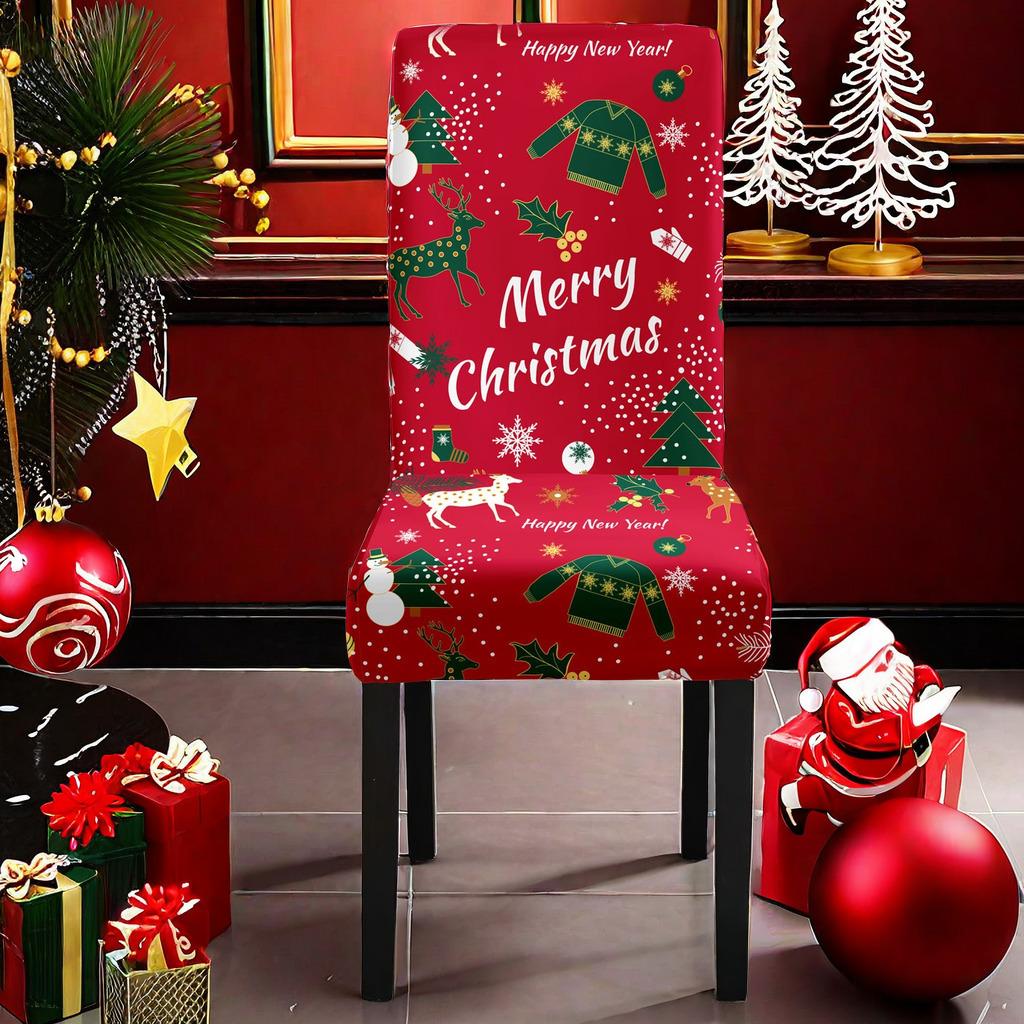 Christmas Printed Chair Cover Non-Slip Dustproof Spandex Washable Elastic Chair Cover Christmas Event Decorative Seat Protector