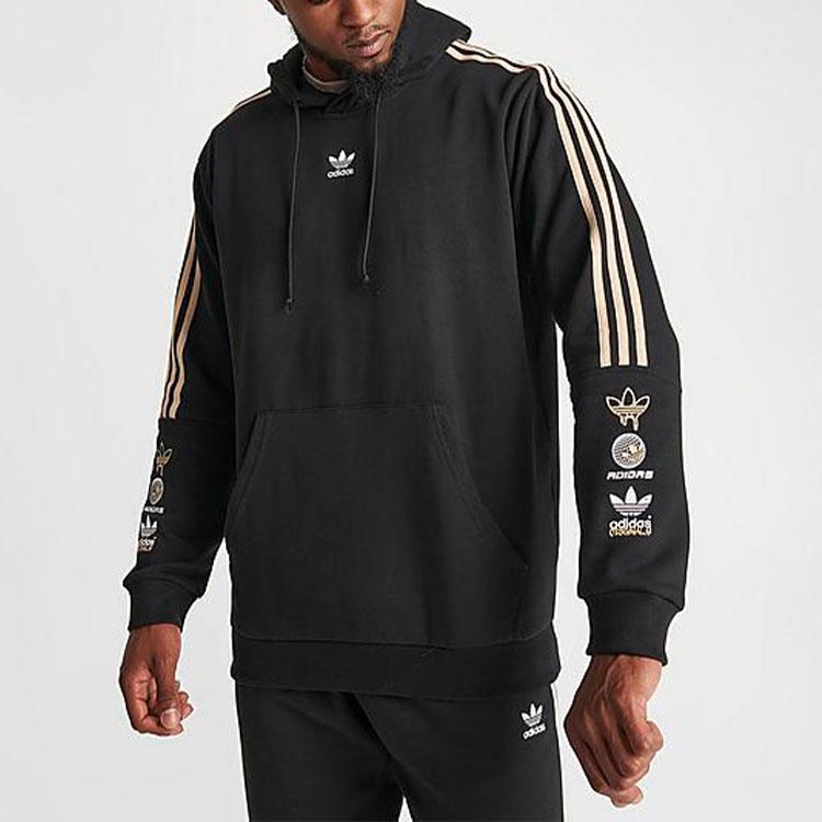 adidas Originals Black Men's Gold 3-Stripes Embroidered Badge Hoodie IS2579