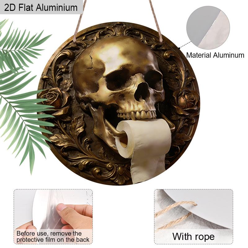 2D Flat Aluminum Gothic Black Skull Bathroom Sign Metal Wall Decor, Guest Bathroom Hanging Sign Decor Farmhouse Wall Decoration Sign for Toilet