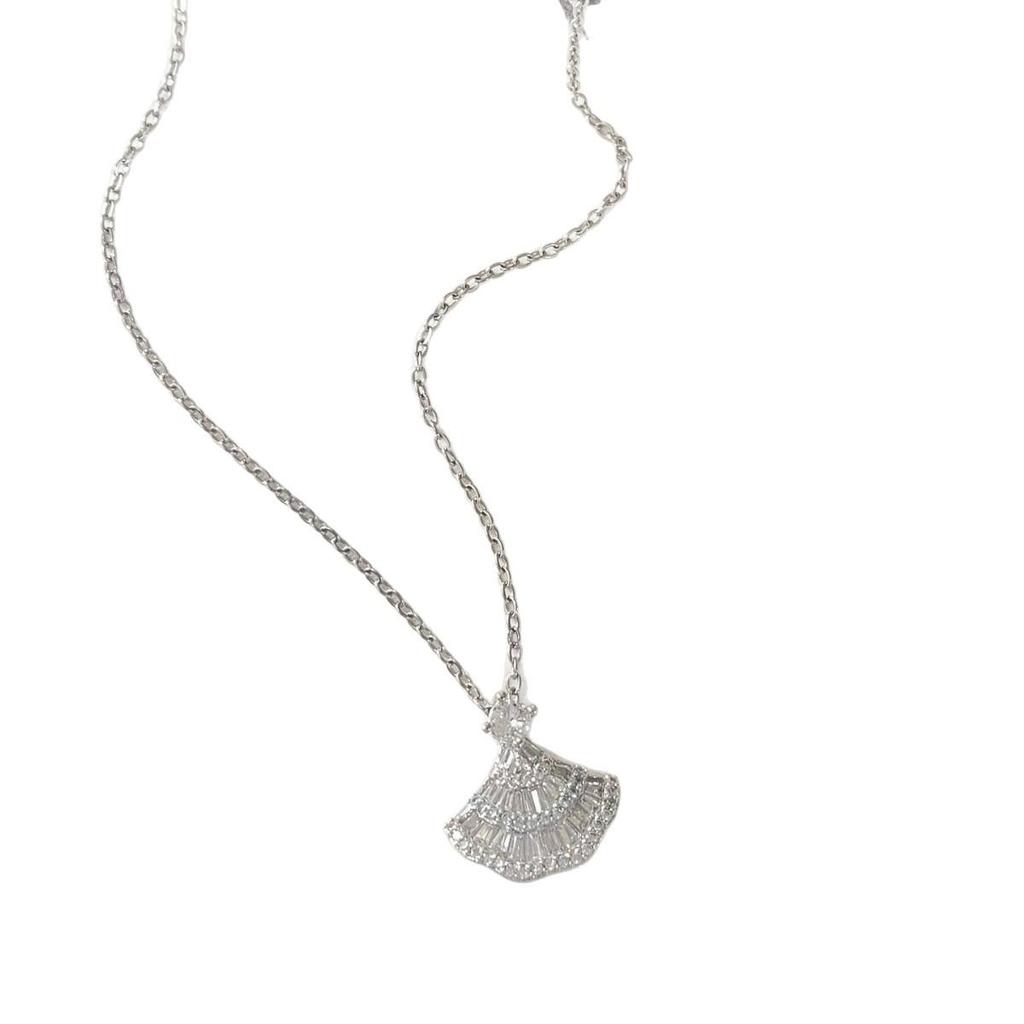 Exquisite Zirconia Pendant Necklace: French Fan Design with Skirt Hem and Collarbone Chain