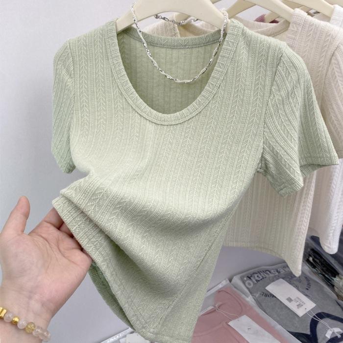 

8097 #No price reduction Embossed v-neck exposed collarbone short-sleeved t-shirt women XL