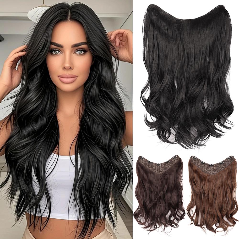 

MERISIHAIR Synthetic Long Wavy Head Half Wig V-Shape Clip In Hair Extension Thick Hairpiece Big Wavy Hairpieces For Women Daily Wear 50cm