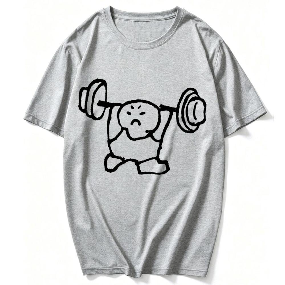 Simple Doodle Stick Figure Struggling To Lift Heavy Barbell Graphic Print Unisex Cotton T Shirt Funny Gym Weightlifting Workout