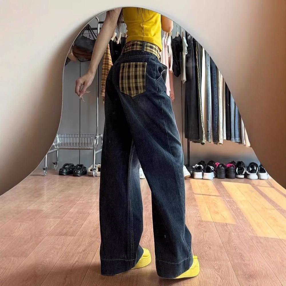 

Petite Spicy Girl Retro Yellow Plaid Wide-Leg Patchwork Jeans Double Extra Large синий