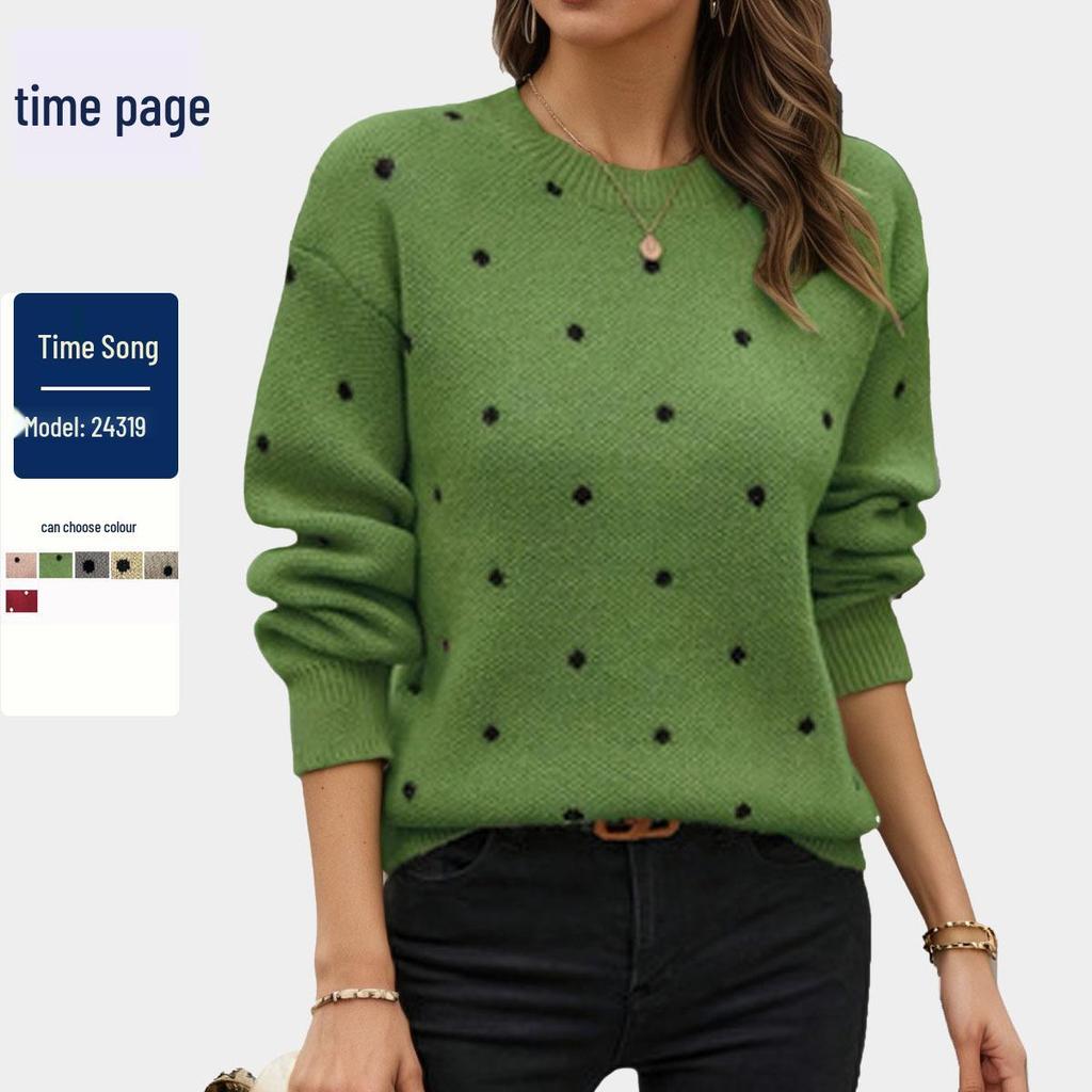 Women's European & American Fashion Polka Dot Jacquard Knit Sweater - Round Neck, Long Sleeve Pullover.