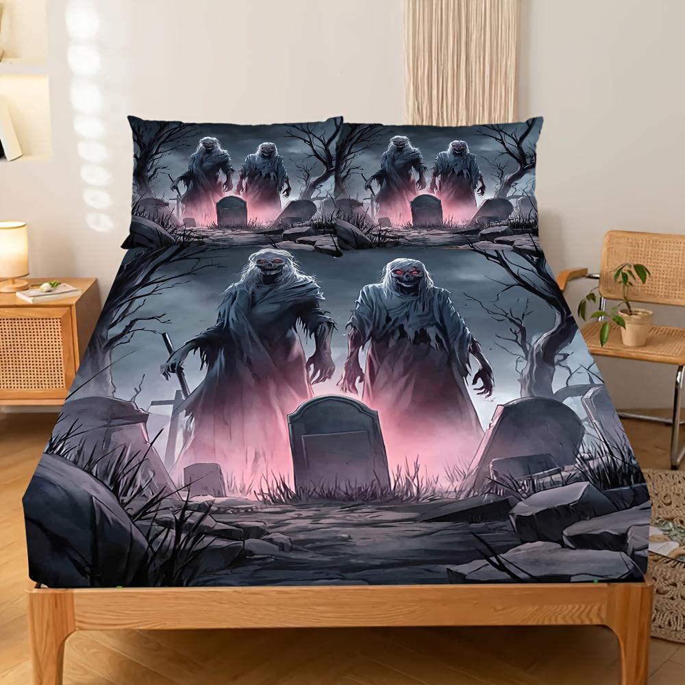 

3Pcs Fitted Sheet Set Gothic Tombstone Death 3D Print Polyester Cover Breathable Bedding Set Home Decor With 2 Pillowcases 100x200x25cm