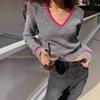 French Retro V-Neck Color Block Ribbed Knit Sweater for Women - Autumn Winter Trendy Slim Fit Pullover