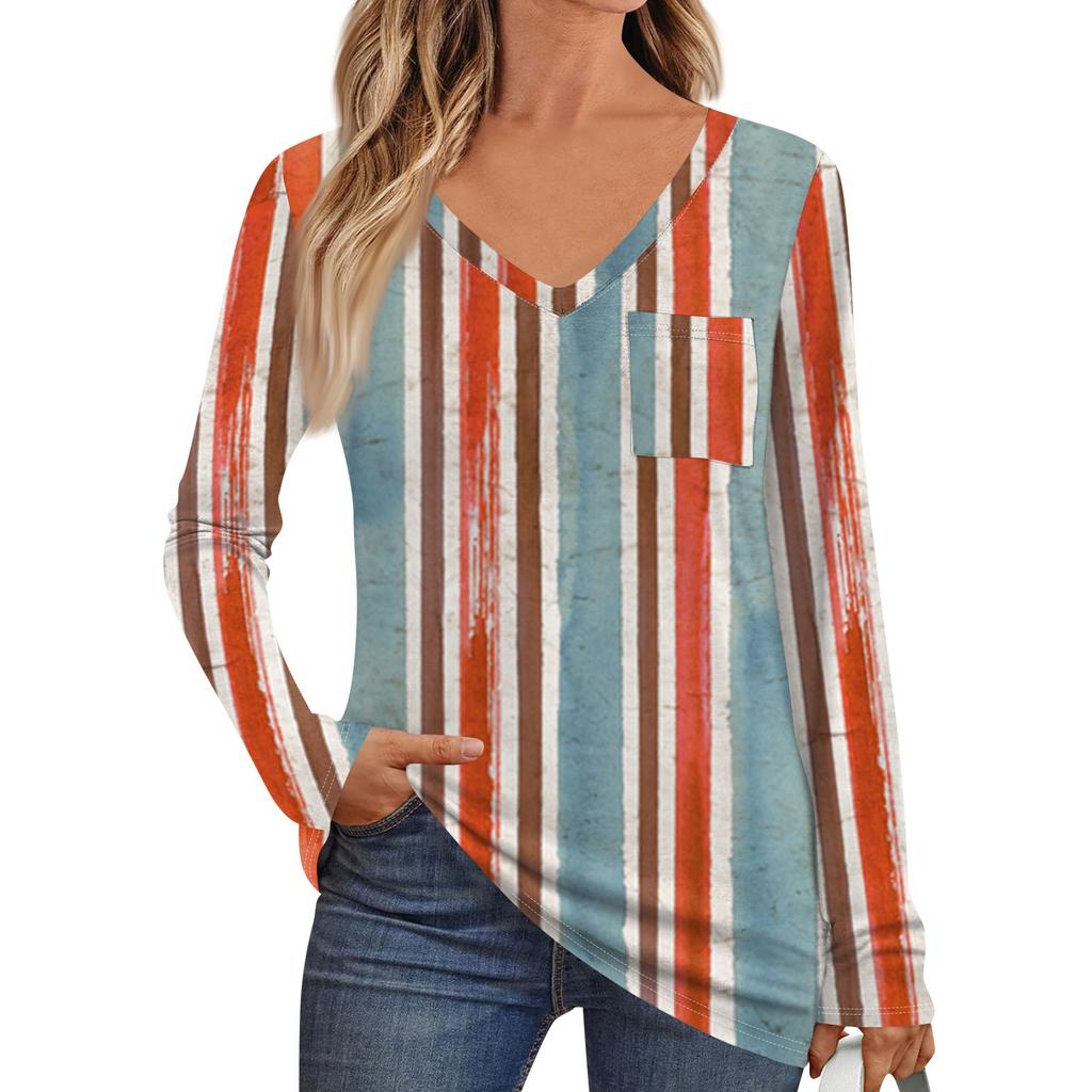 Women's Fashion Long Sleeve V-Neck Pullover Printed T-Shirt Top With Pocket