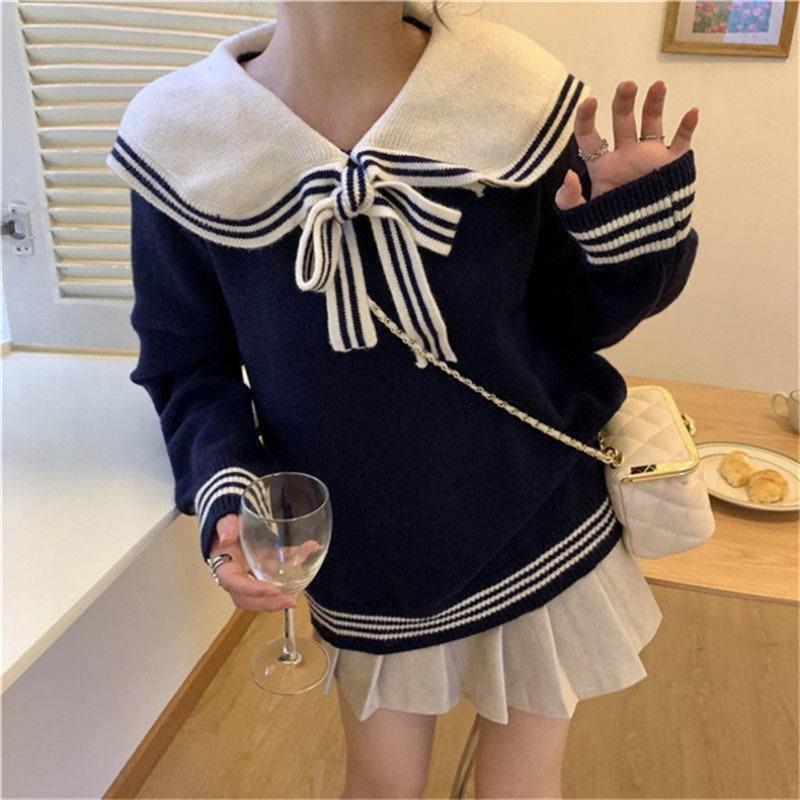 Autumn and winter Naval Collar College Wind Department Naval Collar Small Fresh Design Loose Bear Embroidered Knitted Sweater Hair