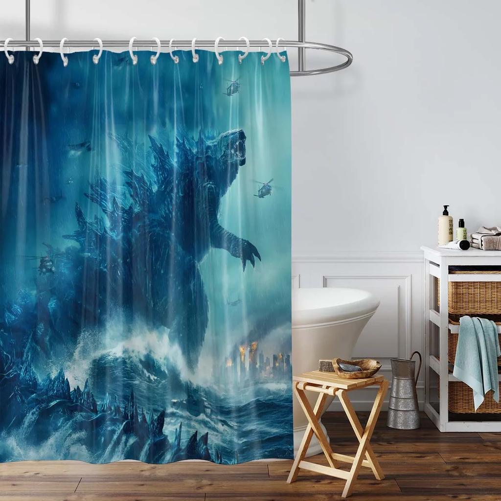 1Pc Monster In Mist Pattern Printed Shower Curtain, With 12 Hooks, Suitable For Bathroom Showers, Bathtub, Home Use