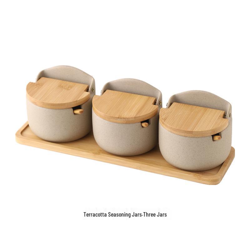 Japanese Ceramic Seasoning Jar Set with Bamboo Lids - Home & Restaurant Use