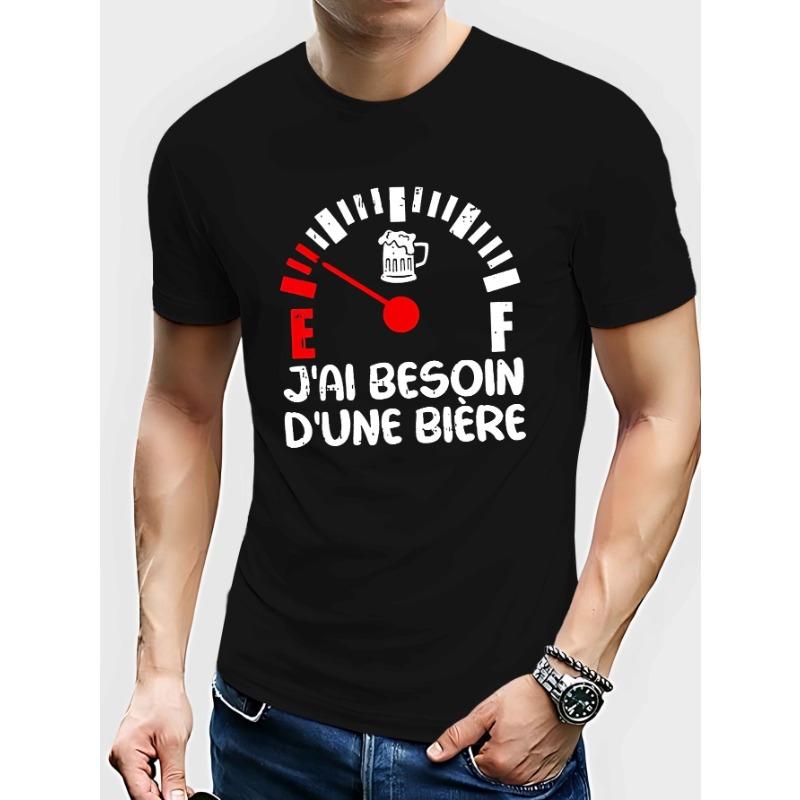 European Size Men's Funny French "J' Besoin 'un Bière" Beer T-Shirt - Casual Short Sleeve Summer Top with French Phrase&Beer, Machine Round Neck Shirt