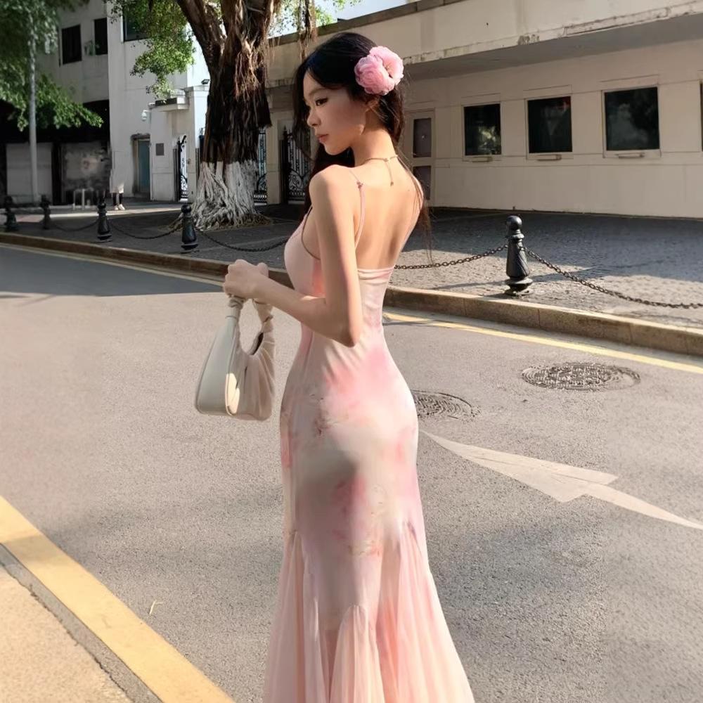 High-end rendering floral dress women's summer super fairy pink gauze dress sexy hip-wrapped waist slim fishtail dress