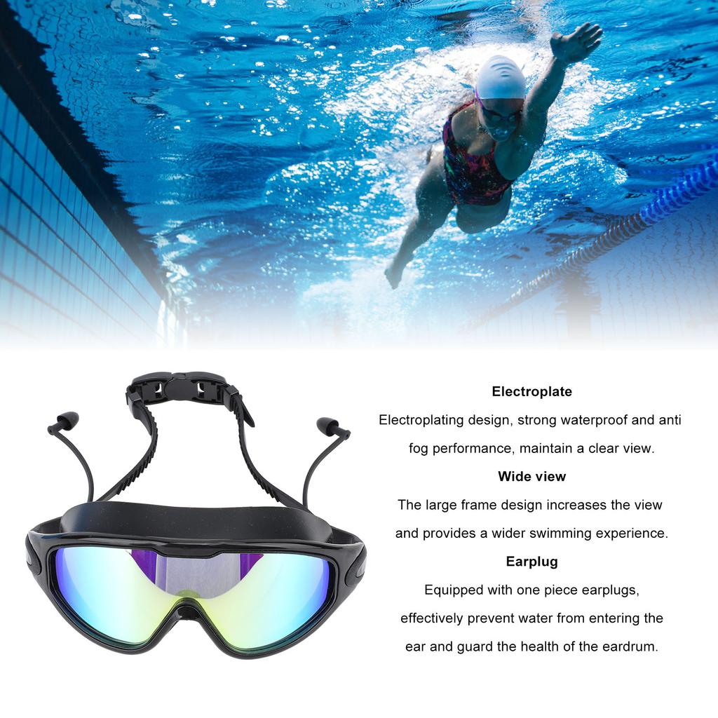 Swim Goggles Wide View Swimming Goggles Waterproof Anti Fog Electroplating Swim Glasses with Earplugs for Swimming Diving Water Sports