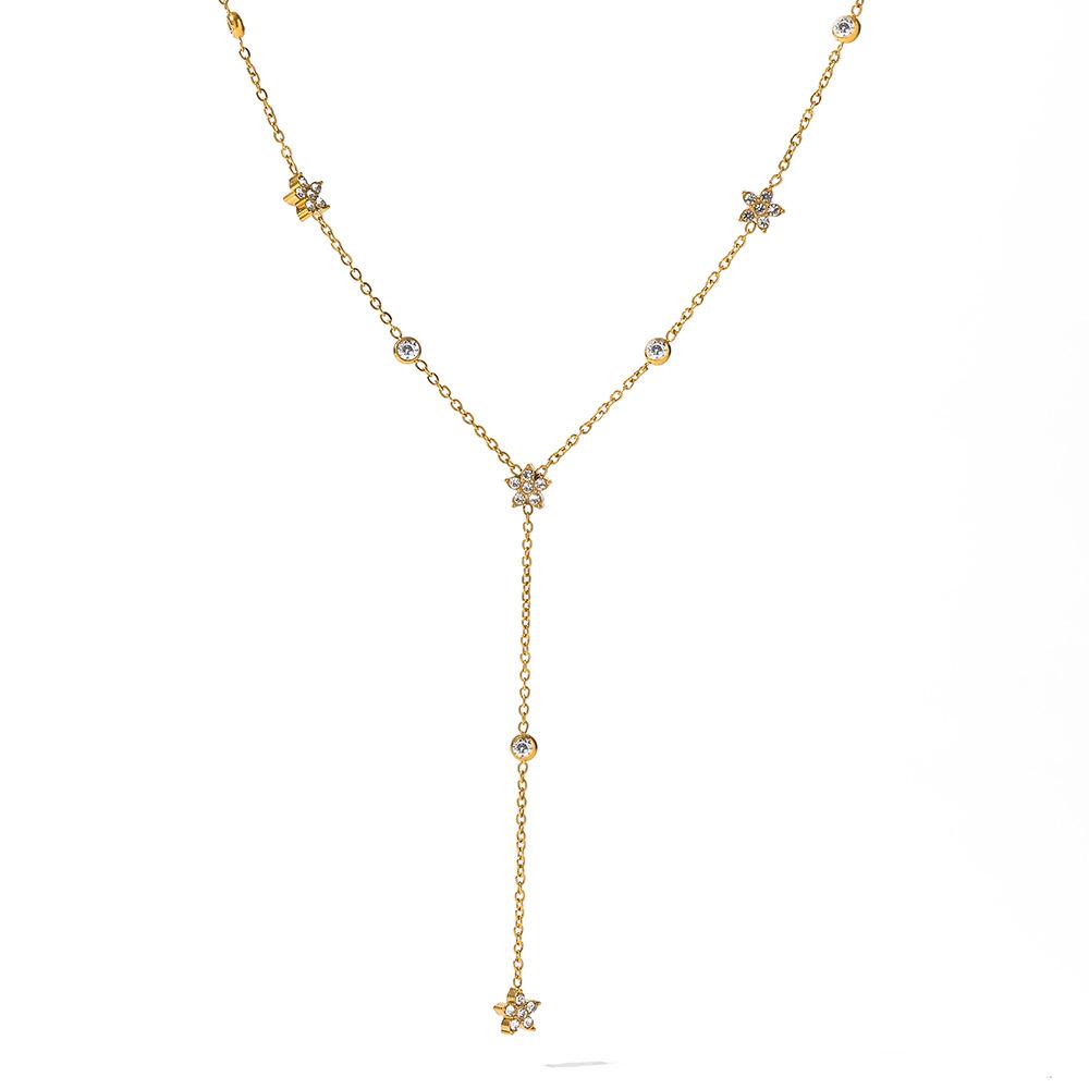 European and American Round Flower Zircon Pendant Necklace Y-shaped Fringed Collarbone Chain Plated with 18k Gold Stainless Steel Jewelry Women