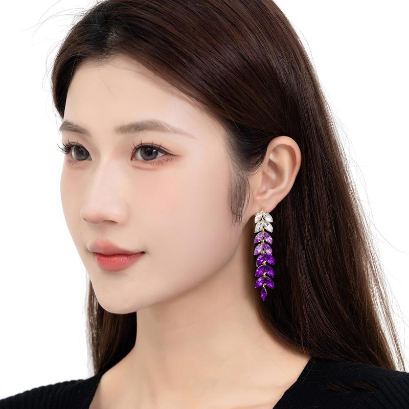 Pinkdudu Fashion Purple Rhinestone Leaf Tassel Drop Earrings Romantic Luxury Plant Dangle Earring for Women Jewelry PD1231