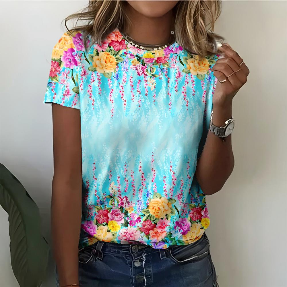 

Summer Women s T-shirt Lively and Fresh Light Blue Floral Print Daily Casual Women s Versatile Short Sleeved Top S