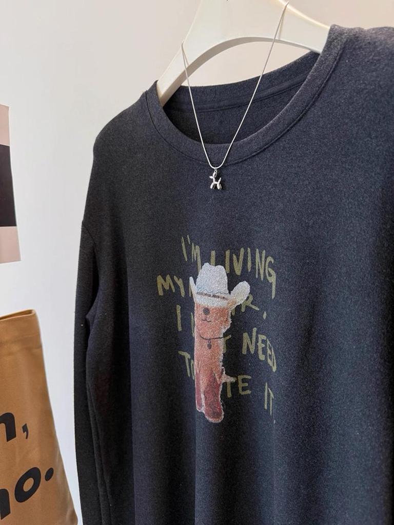 Dog in Hat Print Women's Plush Round Neck Long Sleeve Casual Top