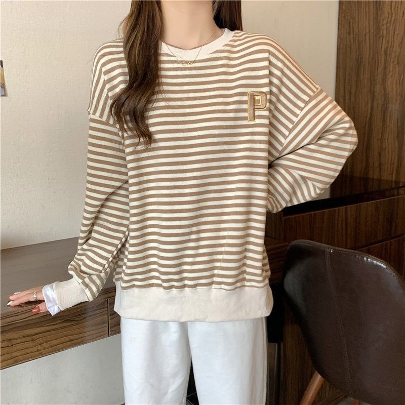 Long Sleeve Striped Hoodie Women Loose Casual Lazy Style Top