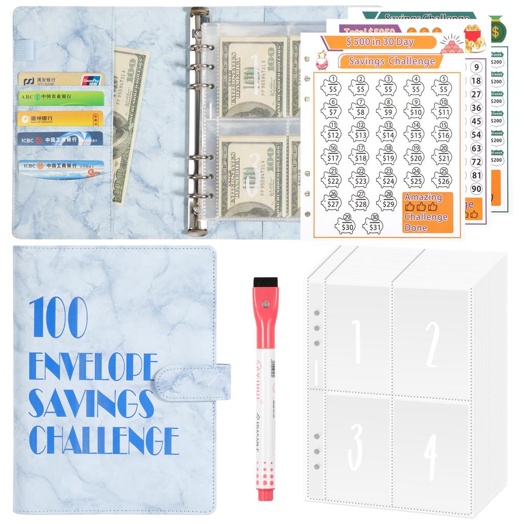 100 Envelope Money Savings Challenge Binder Set A5 PU Leather Students Notebook Marble Budget Binder with Cash Pockets