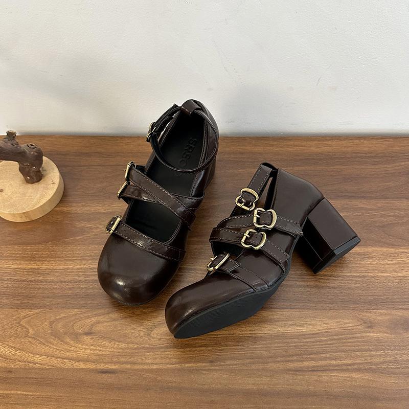 Fashion Design Cross Strap Women Mary Jane Shoes Fashion Thick Heel Shoes Autumn Ladies Outdoor Dress Stripper Leather Shoes
