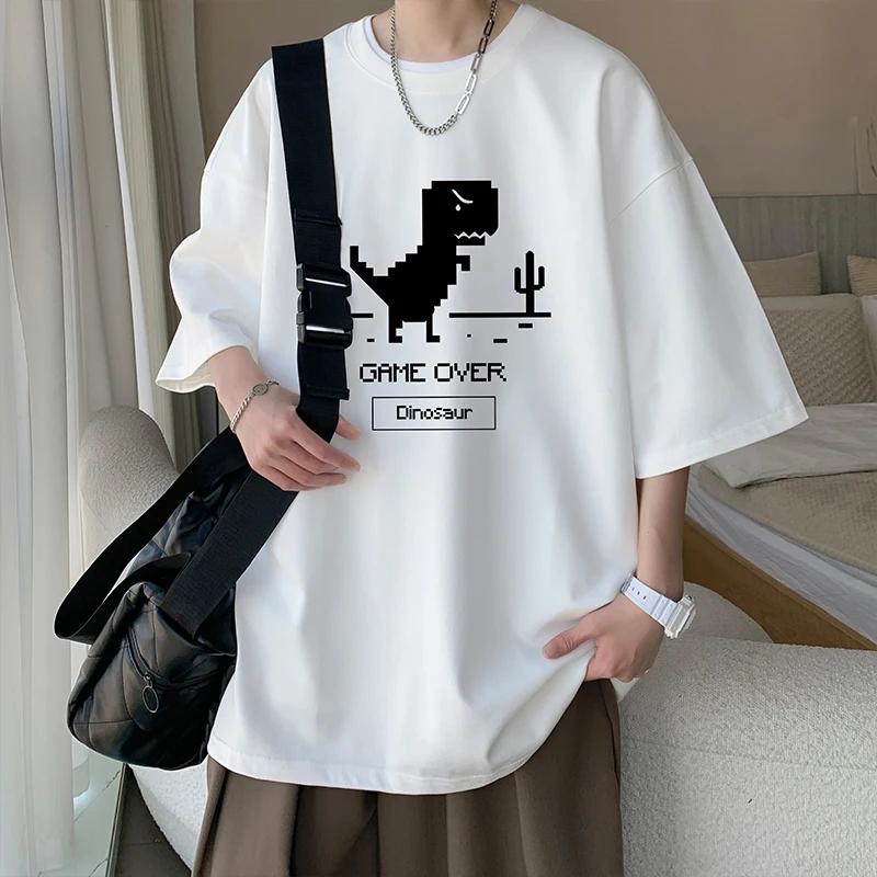 Men's Cotton T-shirts White Funny Mens Oversized T Shirt Dinosaur Print Summer Casual  Tee Shirts for Men Male