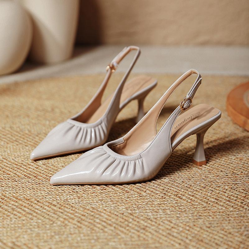 Baotou Sandals Women's Summer 2025 New French Pleated Shallow Mouth Empty Single Shoes Pointed High Heels Women's Stiletto