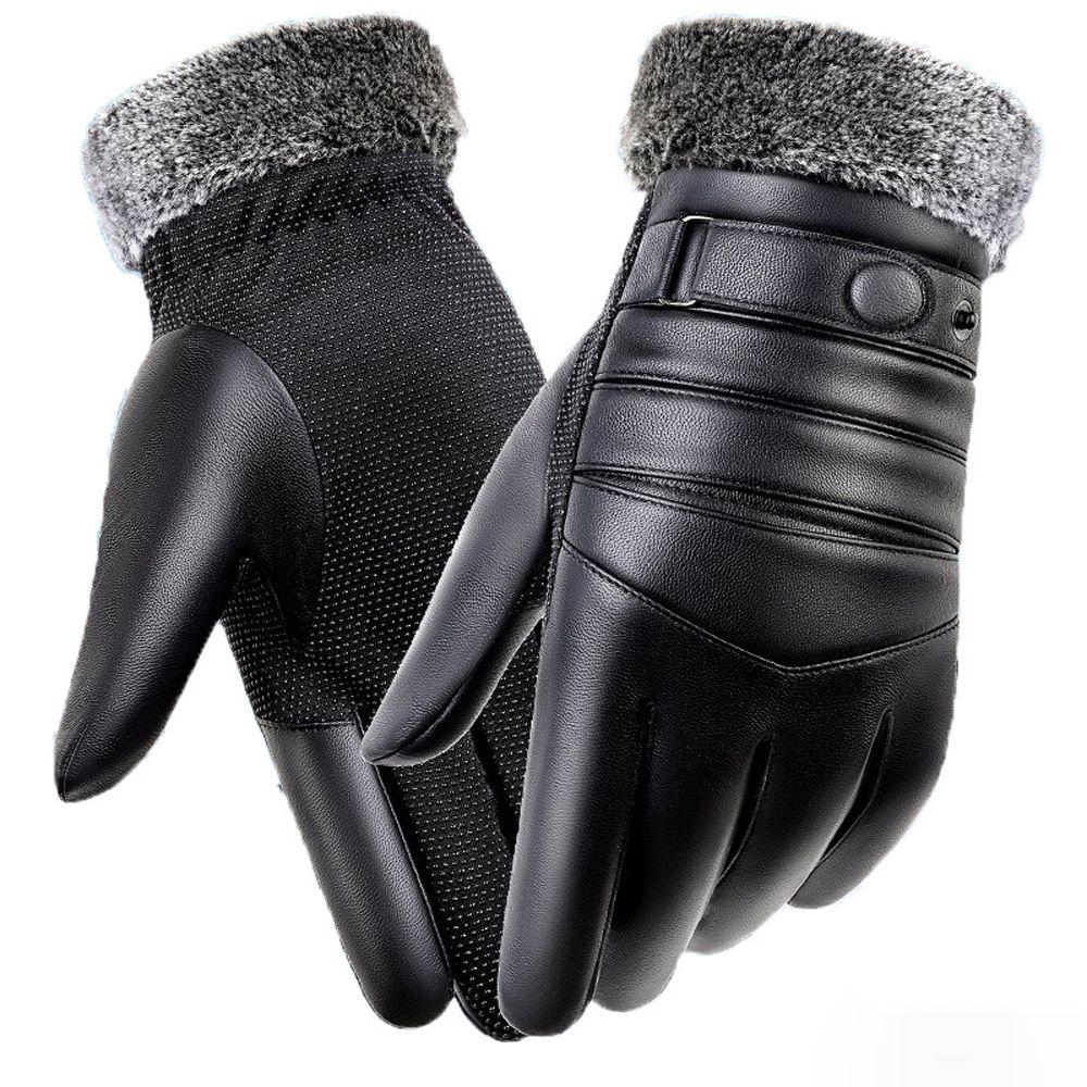 

Screen Windproof Thicken Driving Korean Mittens PU Leather Winter Plush Gloves Men Black Gloves D