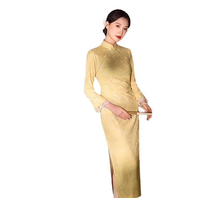 Yellow improved cheongsam autumn new long-sleeved single-layer elastic knitted jacquard retro slim and thin young model